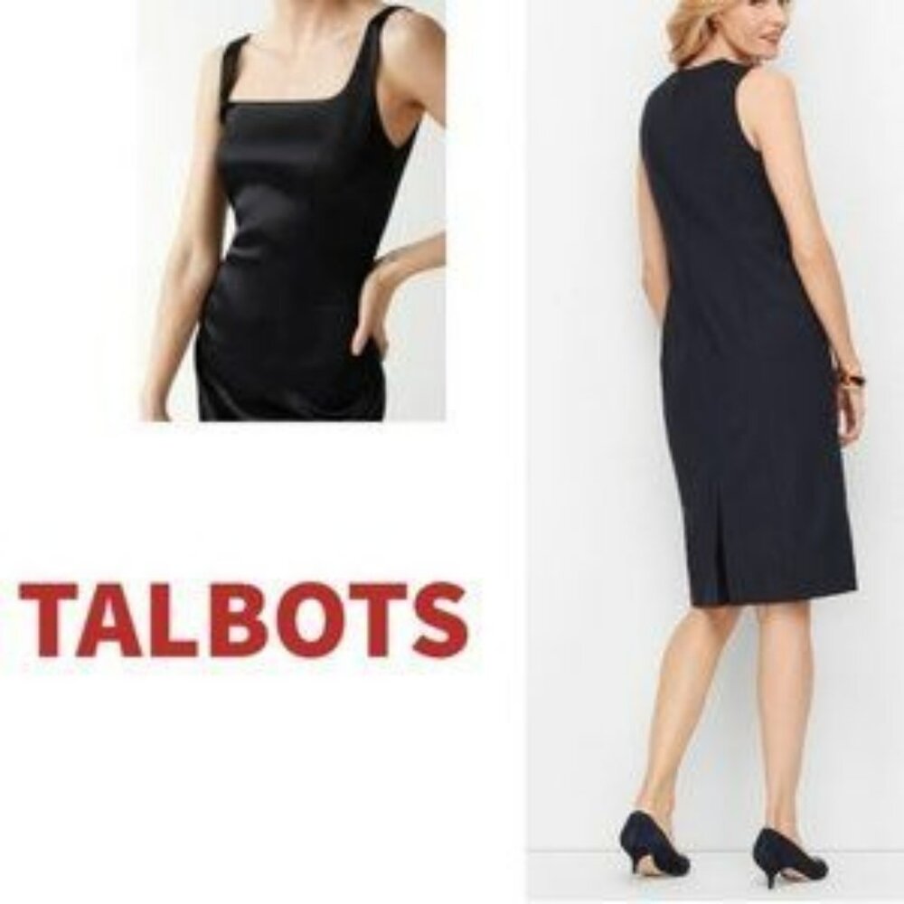 Classic Talbots Black Minimalist Square Neck Midi Scuba Sheath Dress 8 P Petite